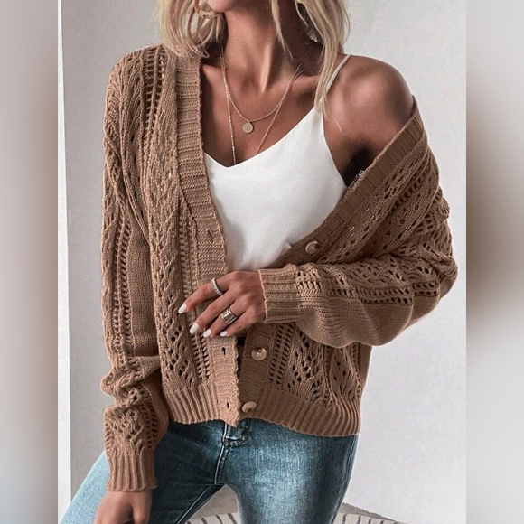 New Boho Open Knit Cardigan Sweater Tan Brown - Picture 2 of 9